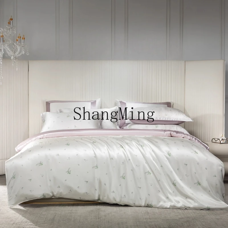 

ZYY household silk bedroom soft four-piece printed silk satin quilt set bedding