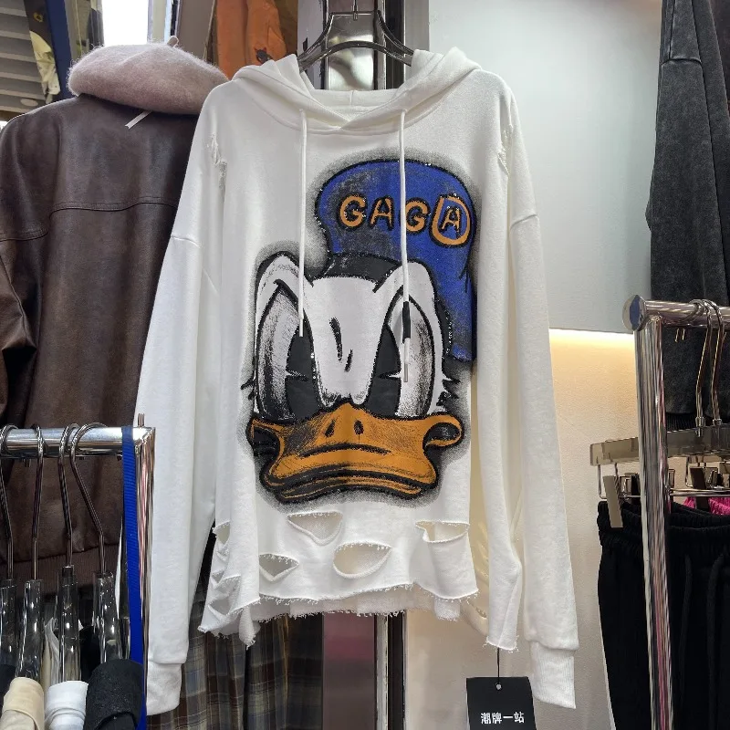 Autumn Winter Loose Cartoon Print Sequin Color Block Hooded Sweatshirt For Women's Y2k Pullover Long Sleeves Kawaii Hoodies Coat