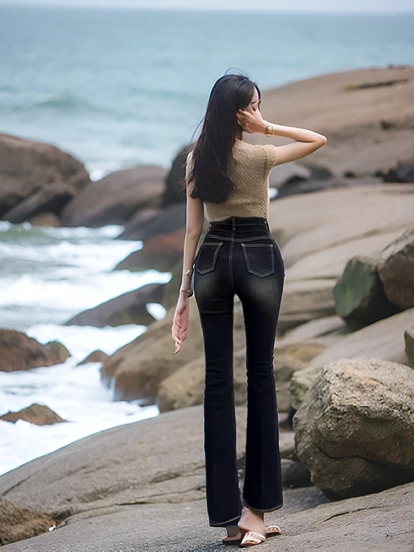High Waist Bell Bottom Jeans Women's Comfortable Slimming Vintage Faded Denim mid Stretch Breathable Spring Autumn Blue