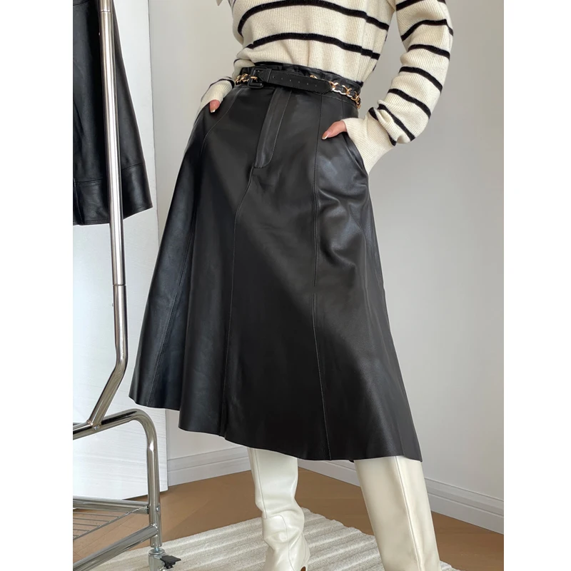 

Imported Sheepskin Women Real Leather Skirts 2025 Spring High Quality Chic Ladies A-line Genuine Leather Skirts Umbrella Skirts