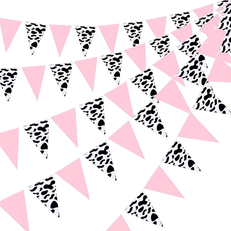 Black White Cow Pattern Pink Paper Triangle Pennant Banners Birthday Party Flag for Cowboy Party Baby Shower Animal Decorations