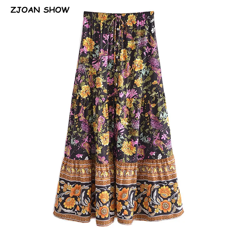 2022 Bohemia Black Floral Print Center buttons Long Skirt Spliced Ruched Hem Hippie Women Ball Tassel Waist Swing Skirts Holiday