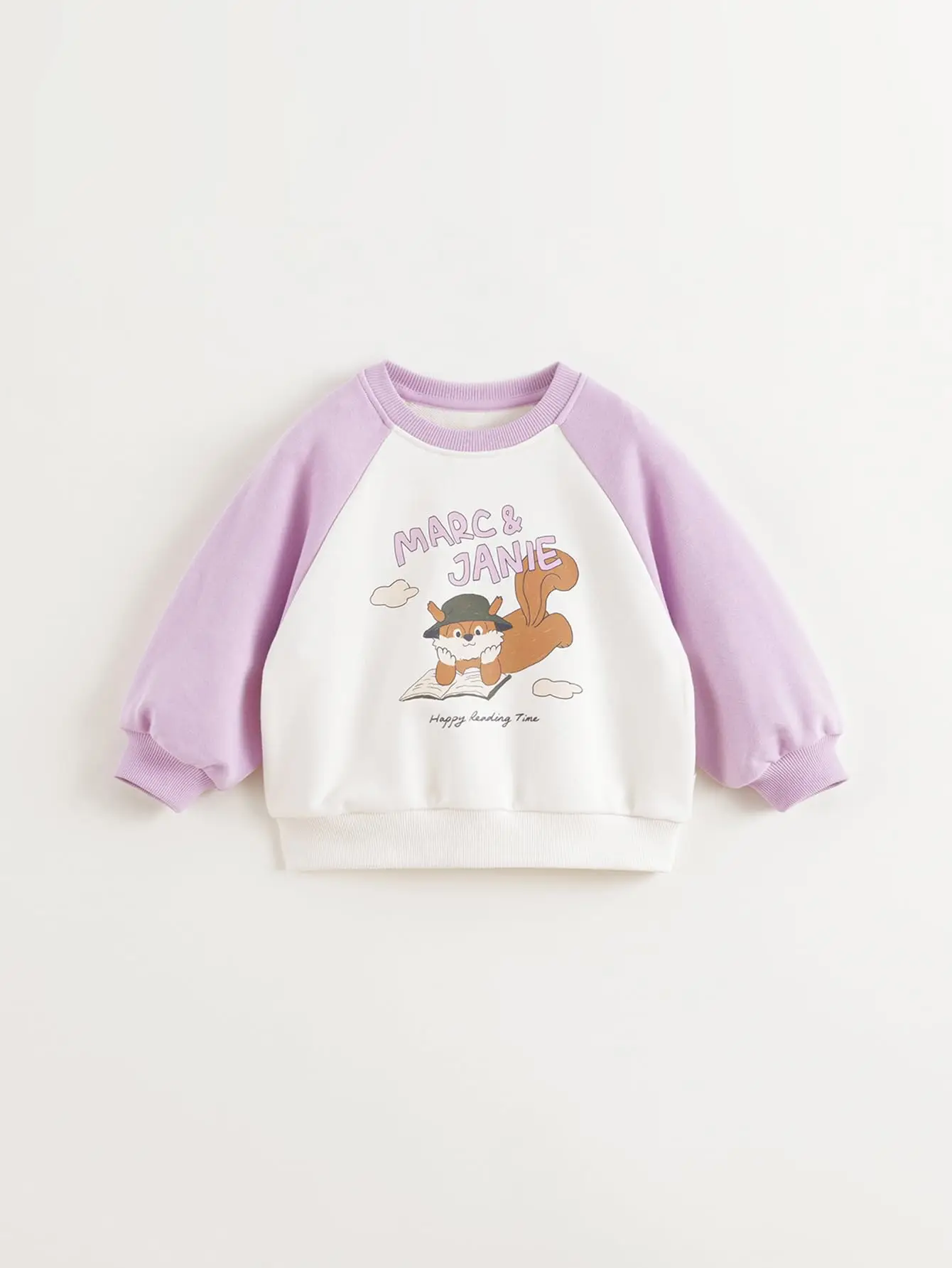 MARC & JANIE Baby Boys Girls Squirrel Printed Plug Sleeve Sweatshirt Clashing Color Crew Neck Shirts Kids Soft Tops 250036