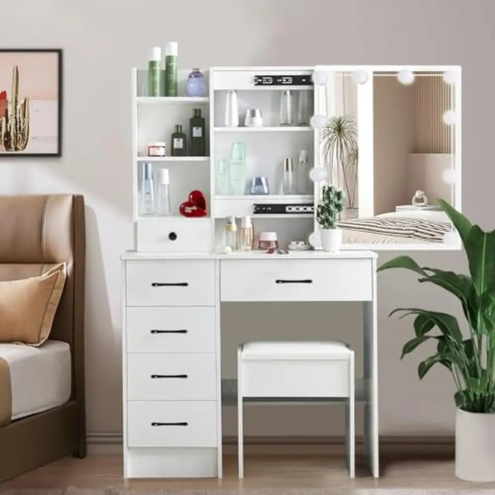 Modern Makeup Vanity Desk with Adjustable Light Colors & Clear Mirror White Bedroom Vanity Table Set with Drawers Shelves and