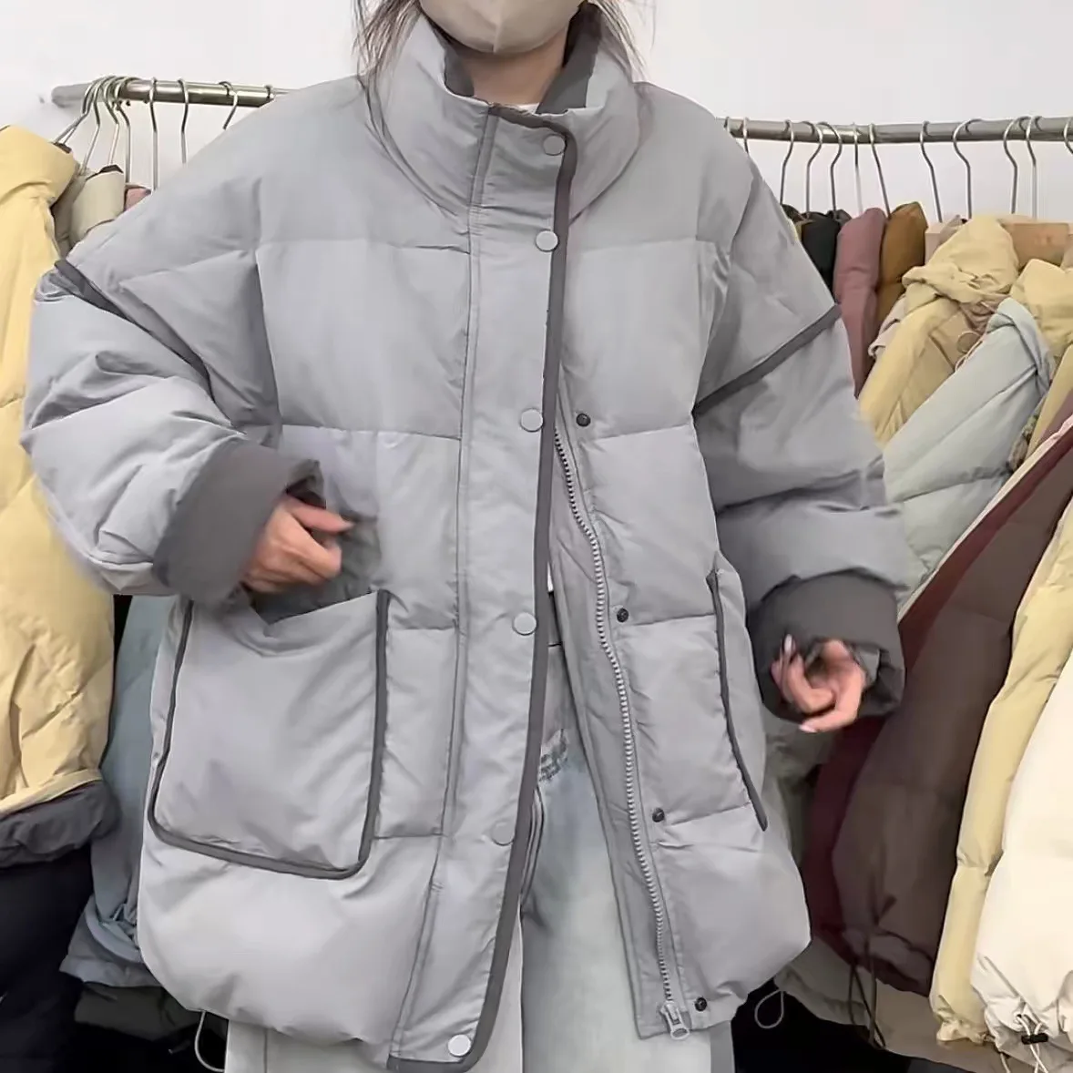 

Women's winter down jacket short hooded color matching short stand-up collar niche foreign-style white duck down student jacket