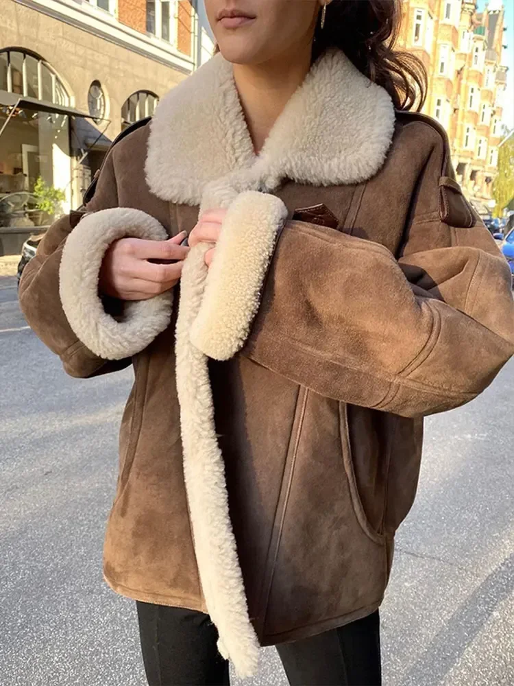 Women Lamb Wool Single Breasted Suede Jacket Elegant Long Sleeves Lapel Thicken Cropped Coat Fashion Ladies Commute Outerwear