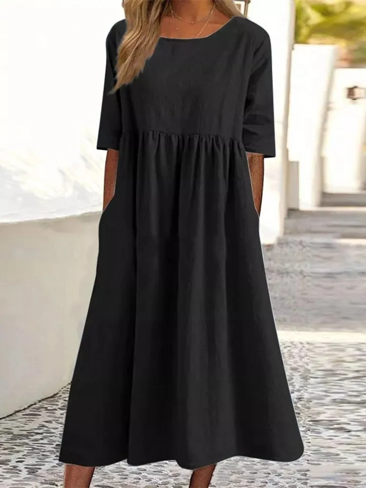 Casual Loose Long Solid Color Cotton Blend Long Dress For Women Spring Summer Fashion O Neck Half Sleeve Maxi Dresses Robe Femme