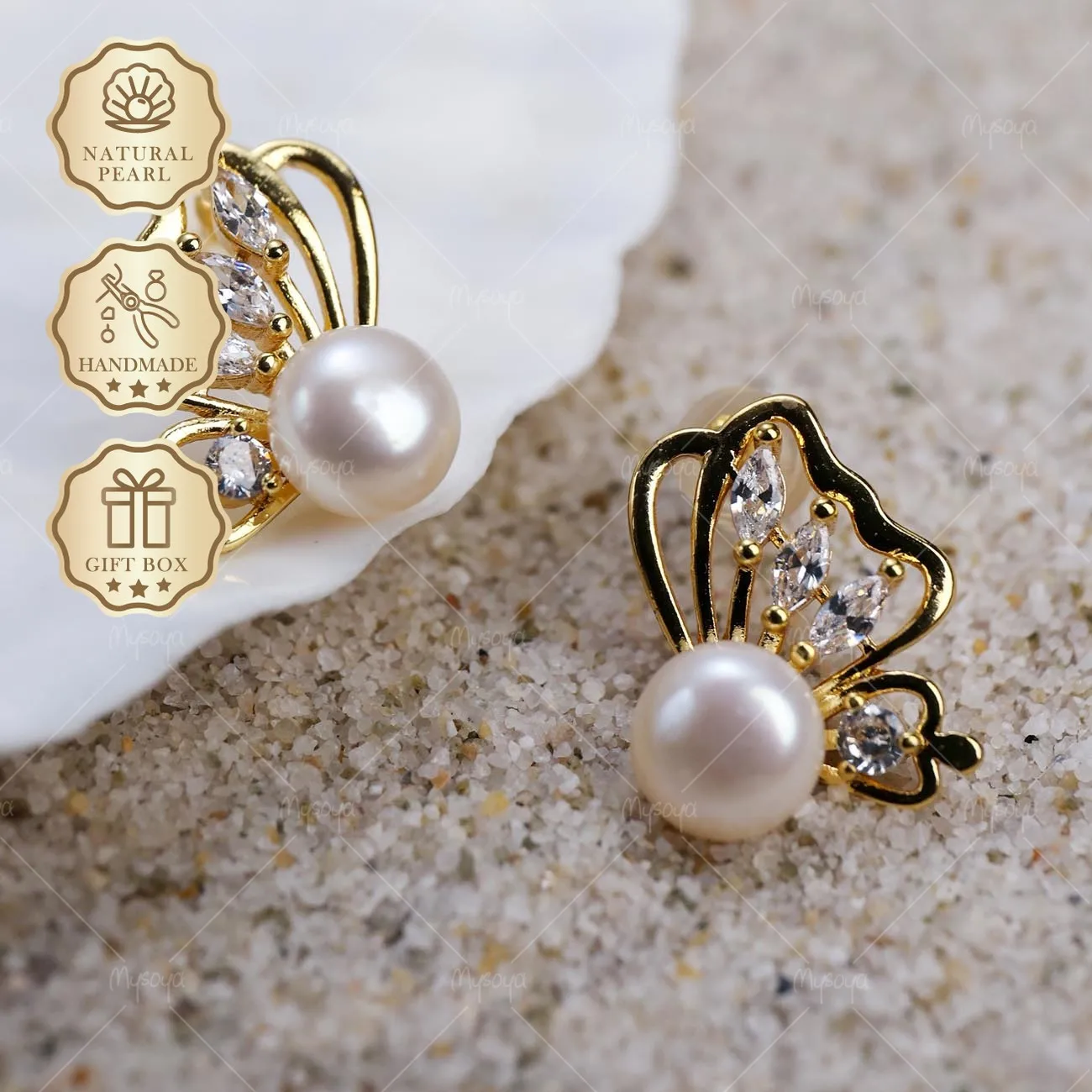 

Серьги-гвоздики Mysoya с пресноводным жемчугом и бабочками, 7-8 мм, в золотой подарочной коробке, подарок на День святого Валентина или день рождения для нее