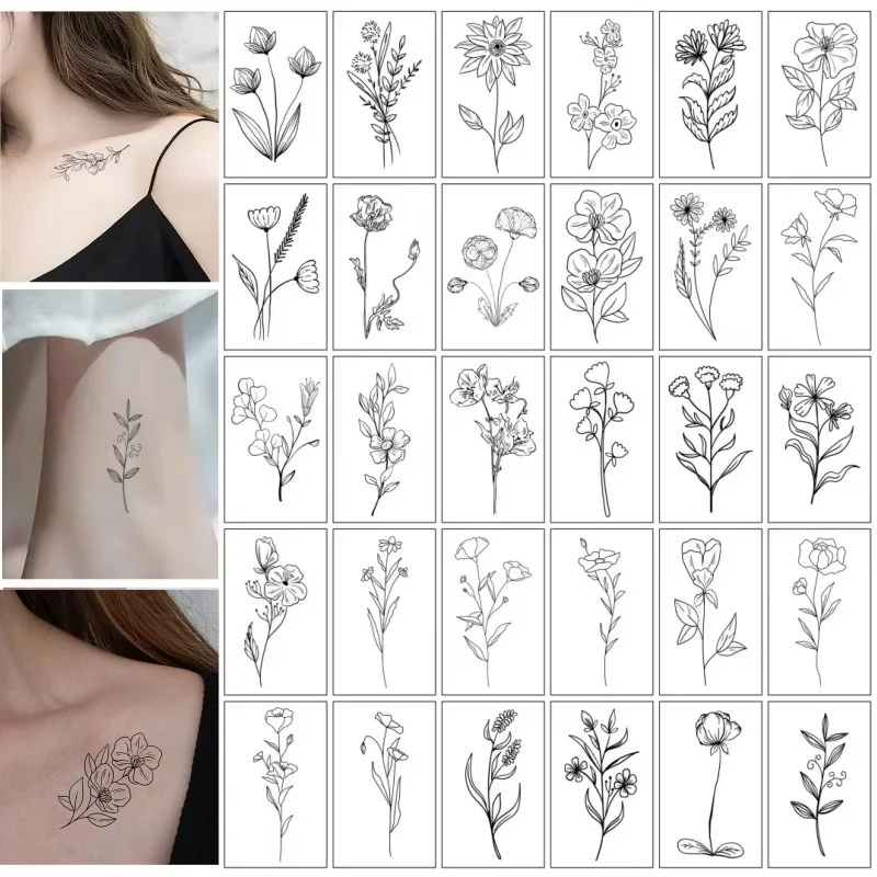 30pcs/lot Temporary Tattoo Adhesive Line Plain Painting Flowers Botanical Leaf Sunflower Lavender Fake Tattoo for Women Girls