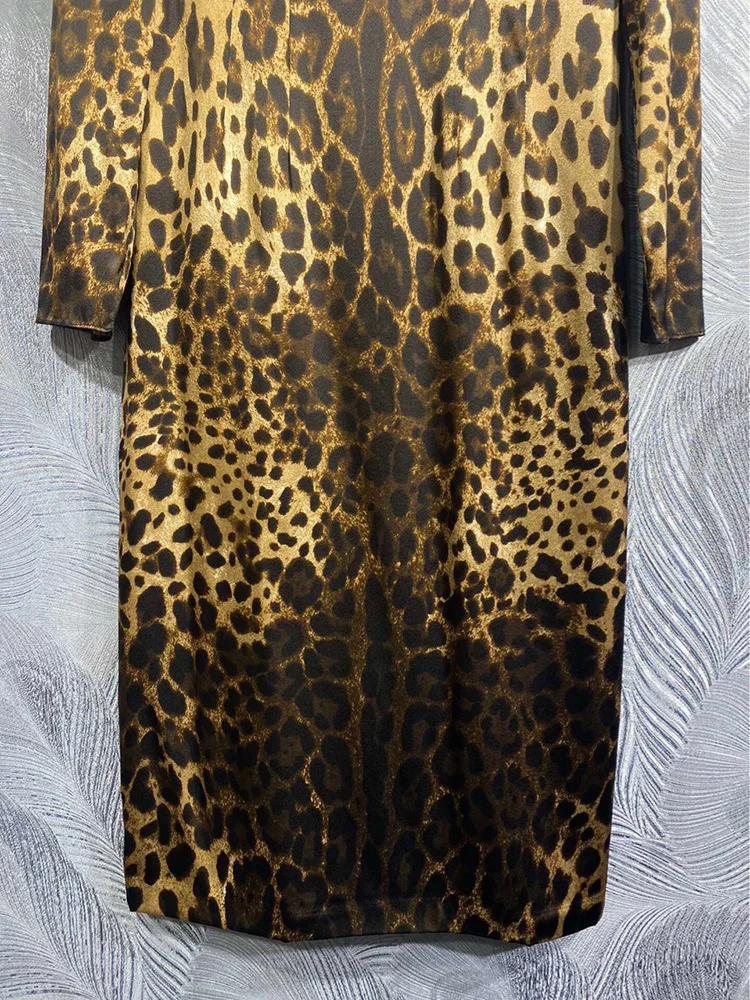 Abito da donna con stampa leopardata, 100% seta, o-collo, manica lunga, Midi High Street, elegante signora Sliming, autunno