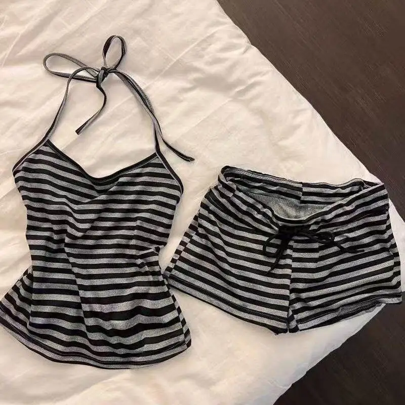Retro Striped Print Halter Neck Sleepwear Set Women's Summer Slim Fit Short Pants with Chest Pad Outdoor Wearable Nightgown