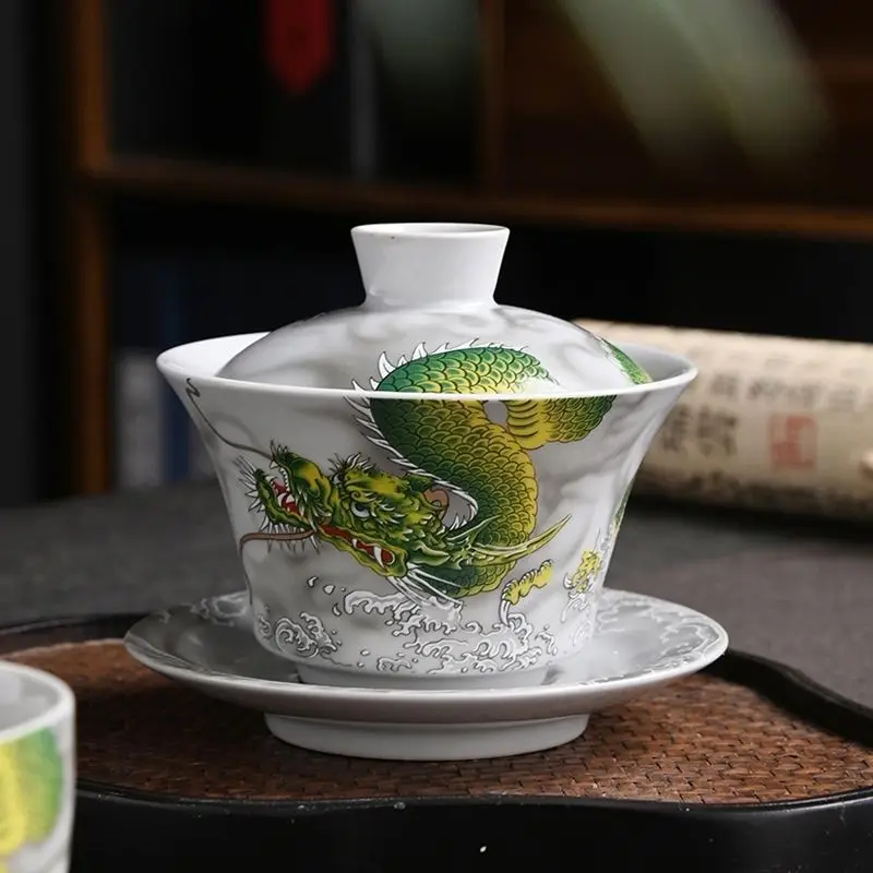 Auspicious Dragon-Pattern Tea Tureen, Elegant Gaiwan for Home Tea Ceremonies, Large Capacity Serves Crowd Well