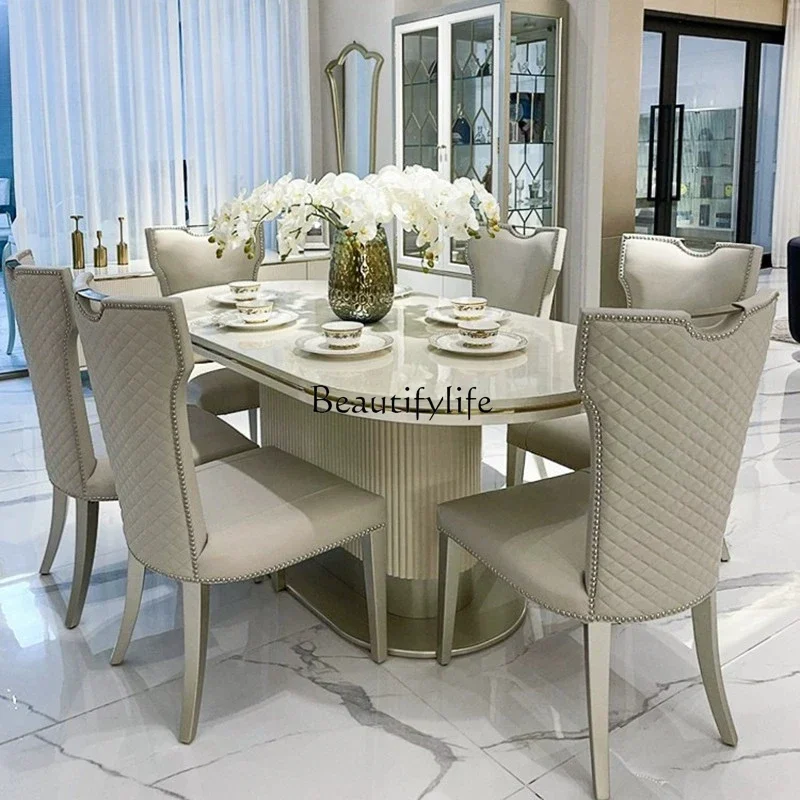 

yj5American Light Luxury Solid Wood Marble Dining-Table French Villa Living Room High-End Oval Long Dining Table