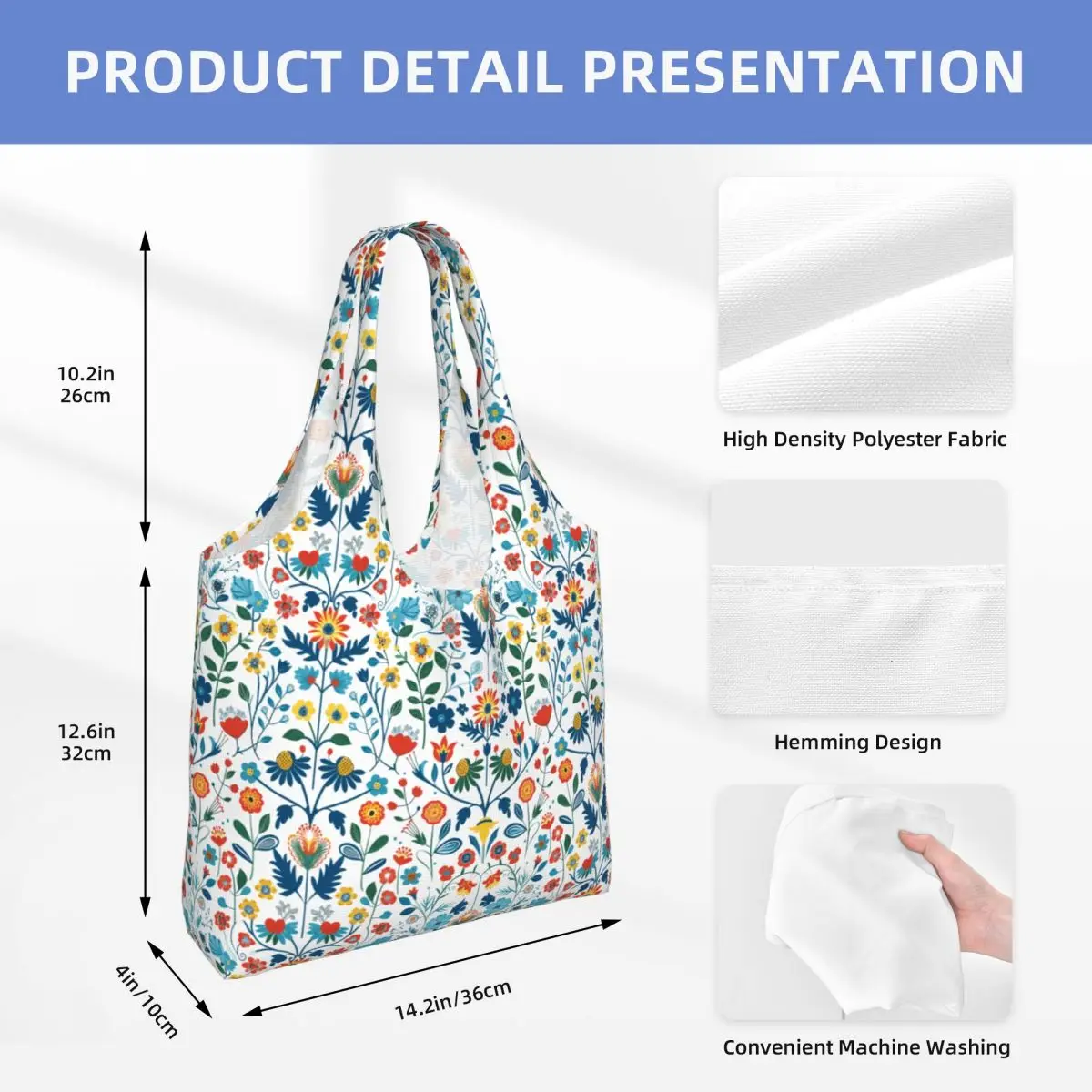 مخصص نابضة بالحياة الشعبية الربيع الزهور نمط أكياس التسوق البقالة قماش المتسوق حقائب كتف سعة كبيرة حقيبة يد دائمة #4