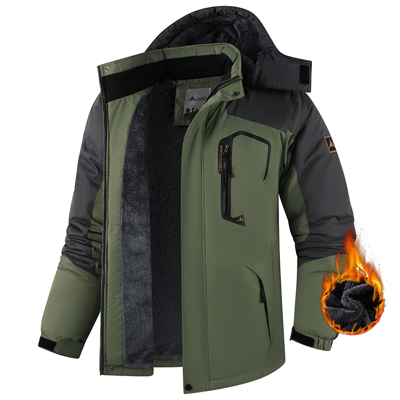 Men Outdoors Windproof Keep Warm Hiking Exercise Coat New Fashion Casual Detachable Hat Parka Winter Fleece Thicken Solid Jacket
