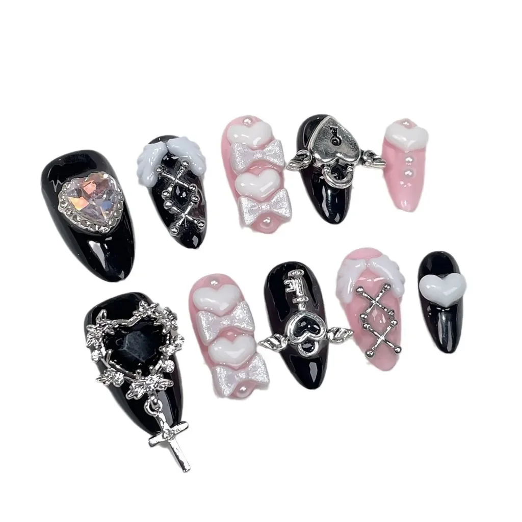 10 Pieces Y2k Spice Girl Handmade Press On Nails Black Pink Sweet Cool Nail Art Bow Love Diamond Almond False Nails