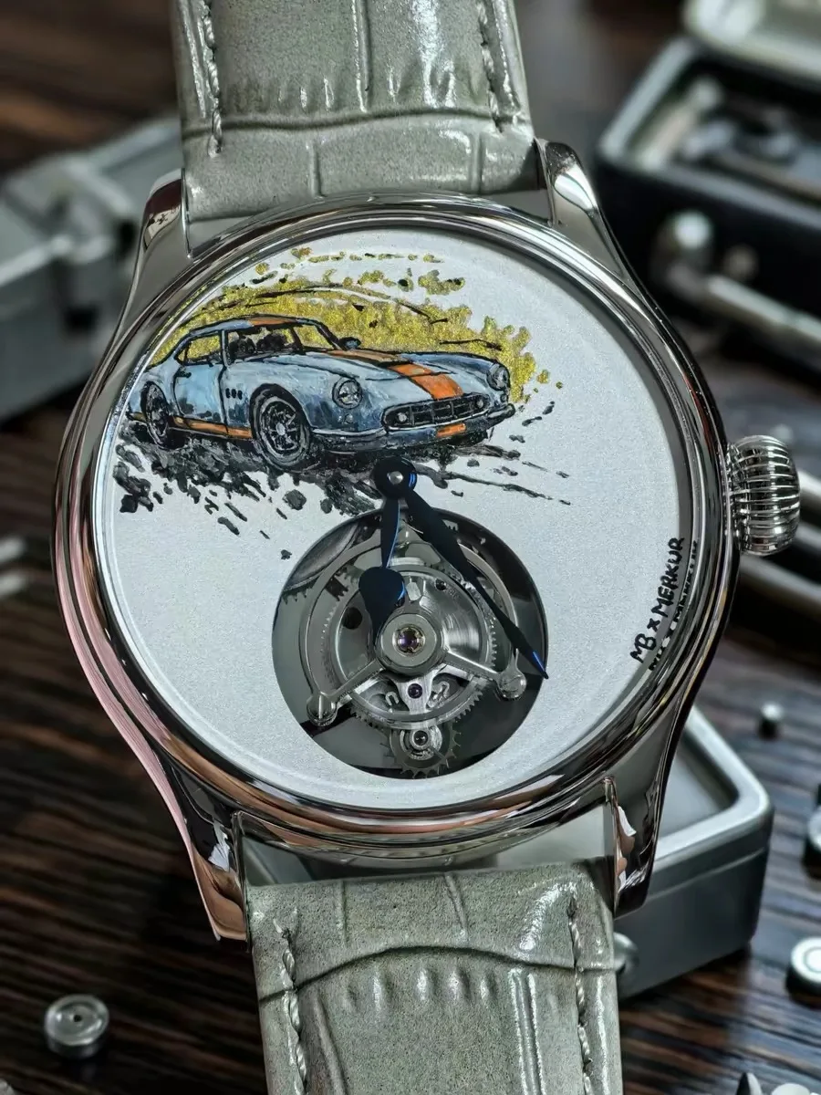 Merkur collaborates with a hand-painted artist to create a custom dial men's tourbillon mechanical watch in 42mm size