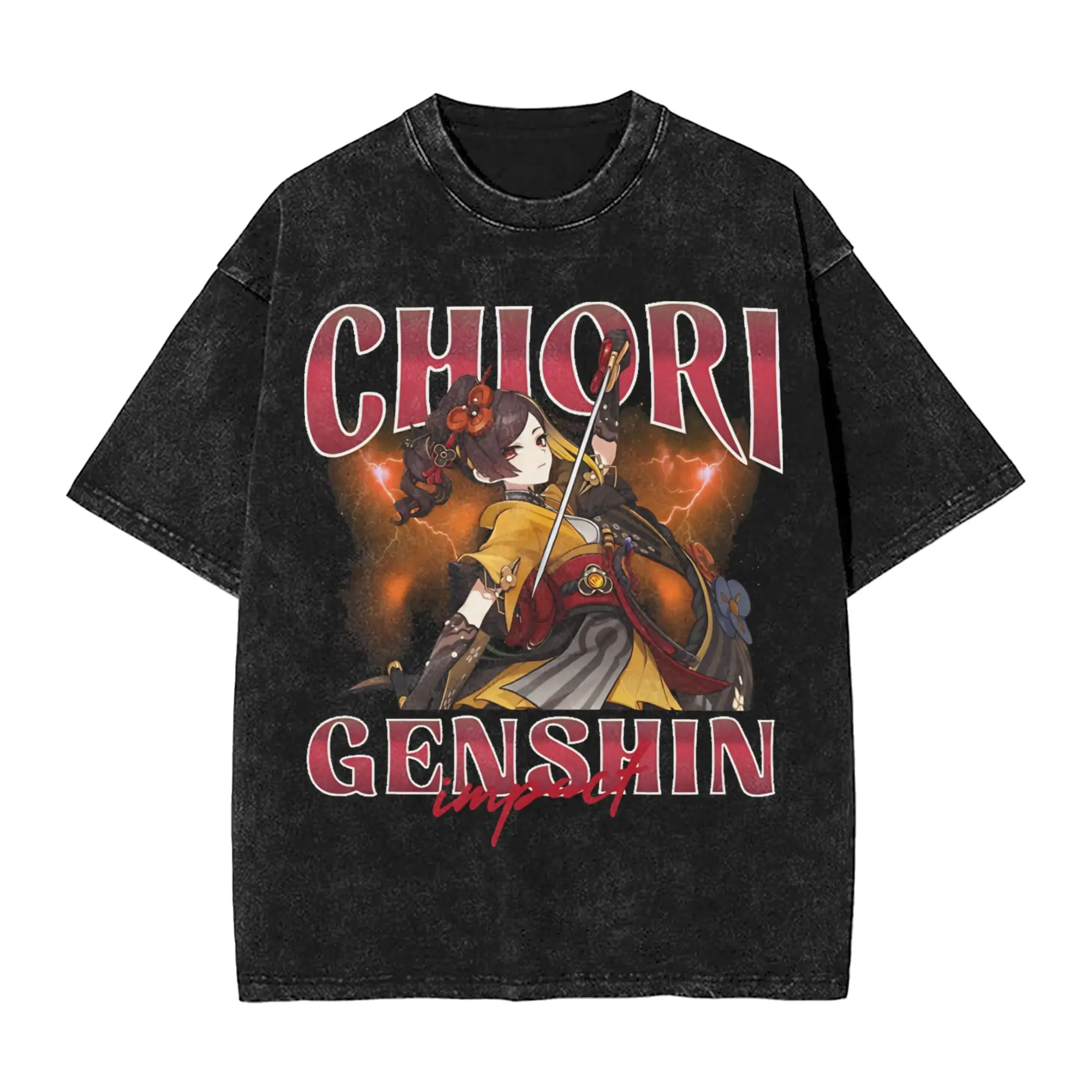 Chiori  Genshin Impact  Washed T-Shirt Man  Aesthetic Cotton T Shirts Summer O Neck Harajuku Tees Printed Oversized Tops