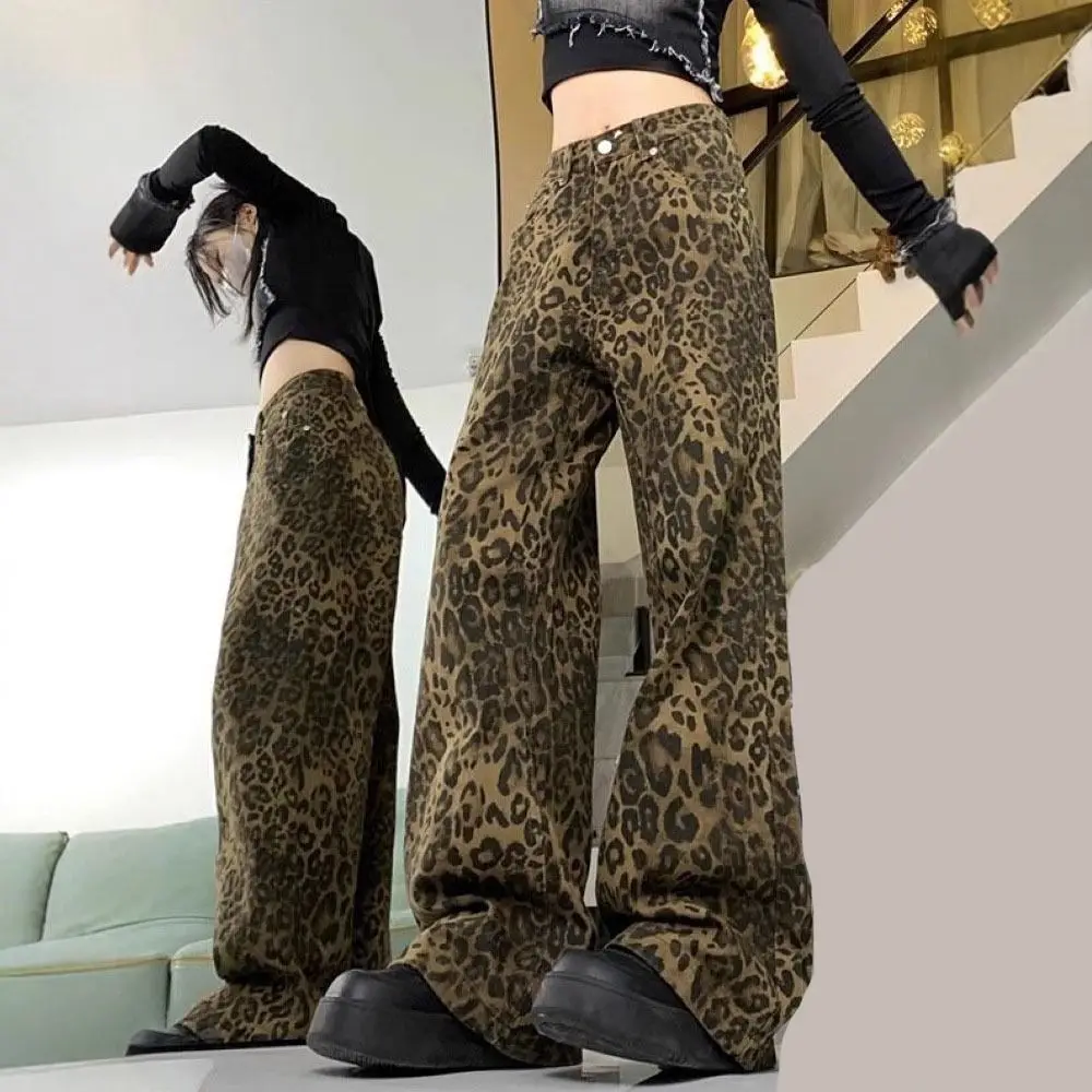 

Korean Baggy Leopard Print Jeans Straight Leg Retro Jeans Women Y2k Wide Leg Ins Style High Waist Pants Girls