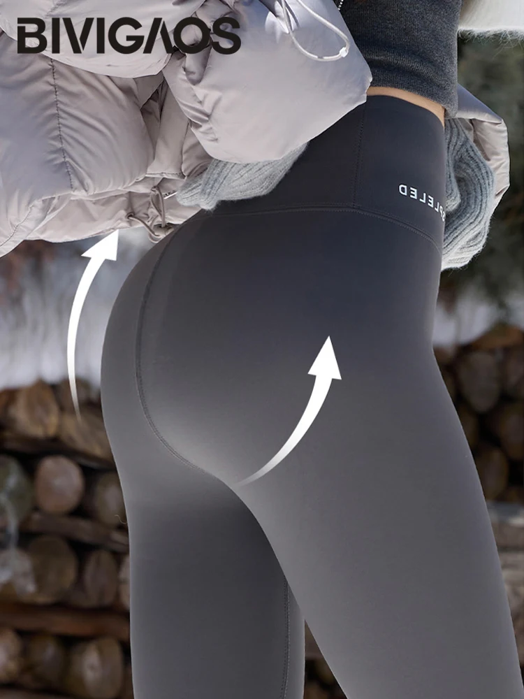BIVIGAOS Herbst Winter Fleece Haifischhaut Leggings Damen Brief Hohe Taille Warme Leggings Casual Sport Enge Thermo Leggings