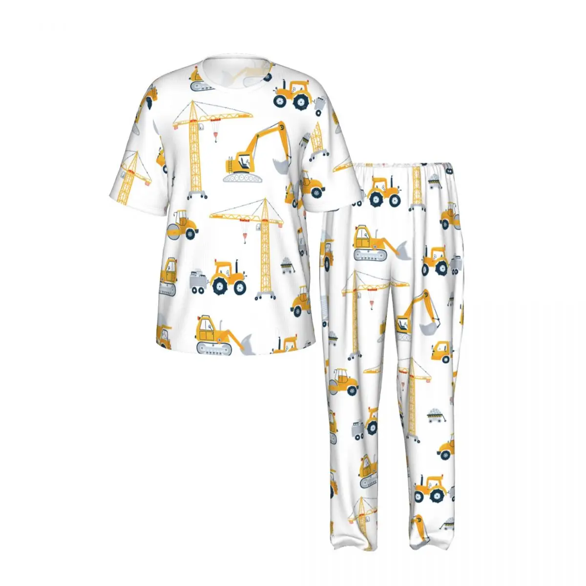 Men Pajamas Suit Short Sleeved Long Pants Yellow Car Dump Truck Crane Sleepwear Summer Home Clothing Set