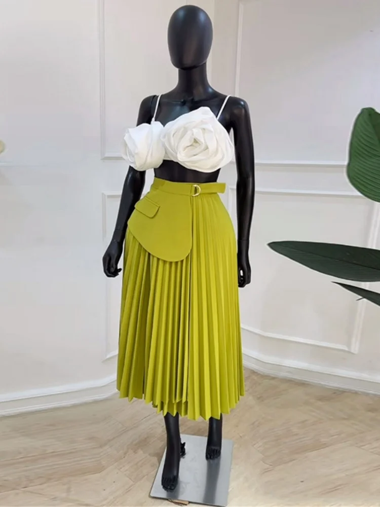 

Sister Star Women's Temperament Elegant Versatile High Waist Irregular Tie Pleated Skirt Medium Long A-line Half-body Skirt