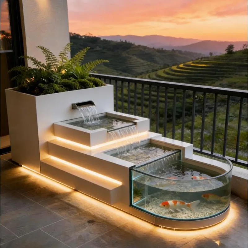 Modern Stainless Steel Fish Pond with Side Glass View - Luxury Outdoor Waterfall Fountain & Planter LED Water Feature for Villa