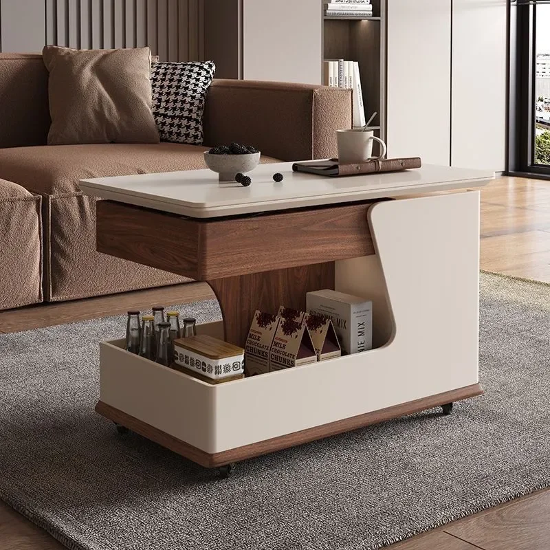Rock Slab Solid Wood Lifting Coffee Table Multifunctional Movable Side Table for Living Room Sofa Small Apartment