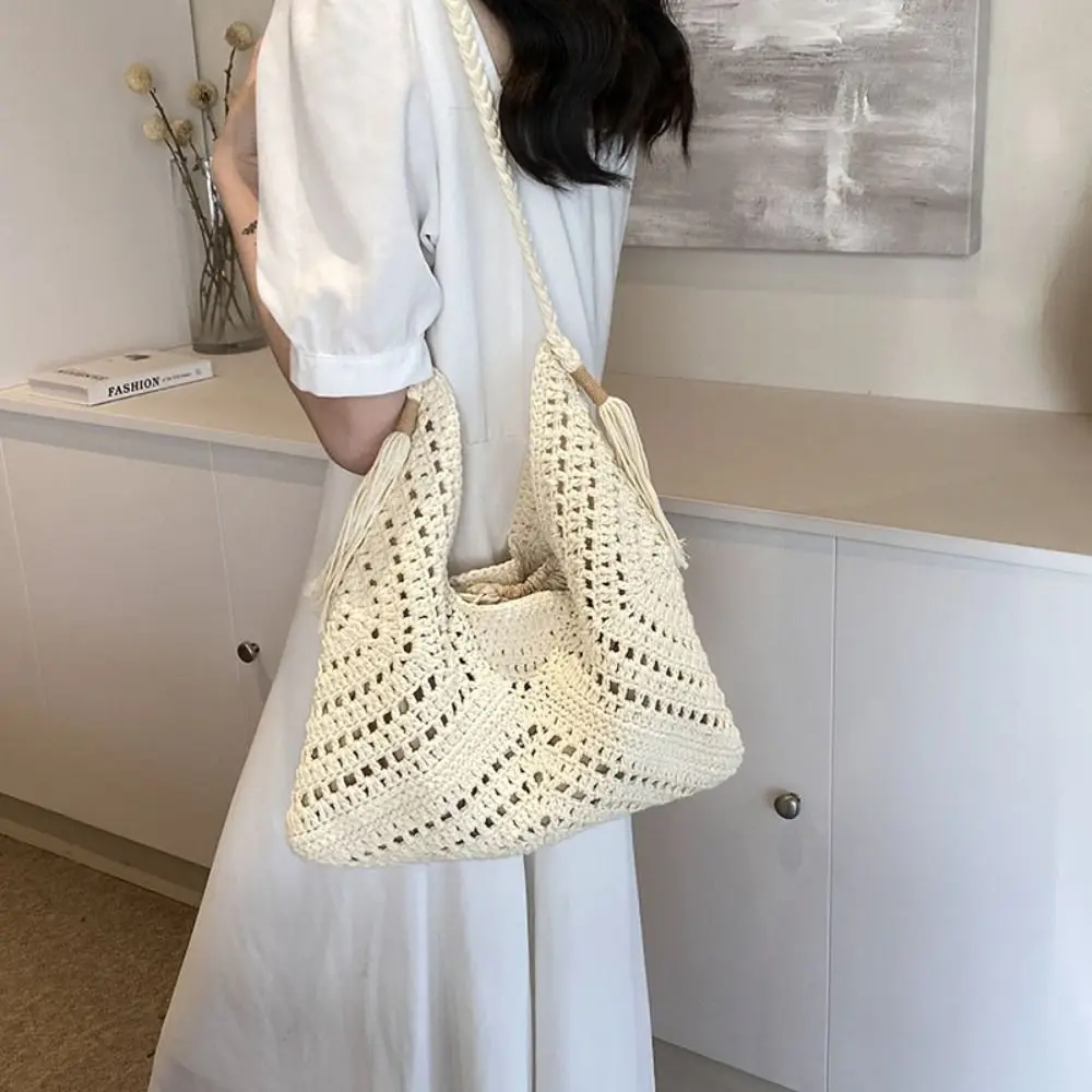

Винтажная богемная вязаная сумка через плечо из хлопковой нити, однотонная, плетеная, ажурная, сумка-тоут для путешествий