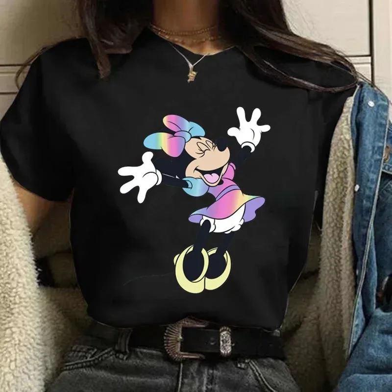 Kawaii Fashion Mickey Minnie Mouse T-shirt Odzież damska 2024 Letnia koszulka z krótkim rękawem Harajuku Casual Y2k Odzież Tops