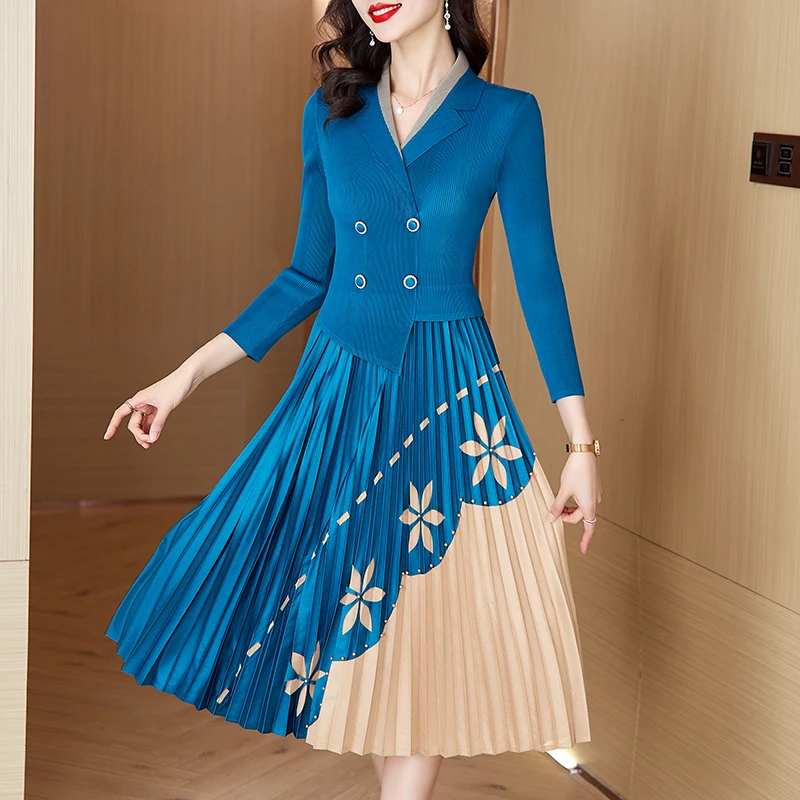 2024 New Pleated Long sleeved Dress with British Style Printed Elastic Suit Collar Slim Mid length Knee Length Dress