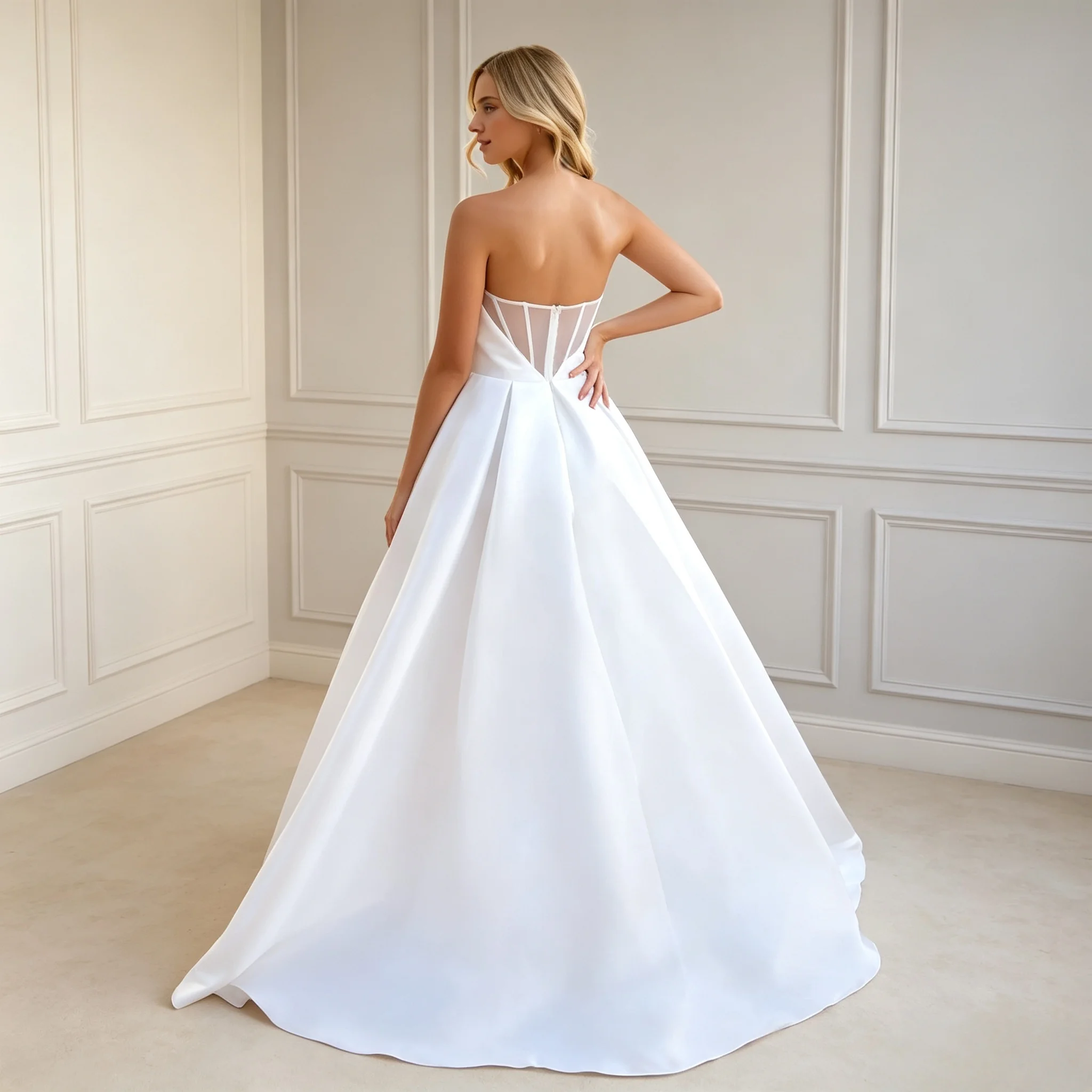 Draped Strapless Satin A Line Wedding Dress Sheer Mesh Back Slit Floor Length Bridal Gown Resort Elopement Bridal Shoot Customiz