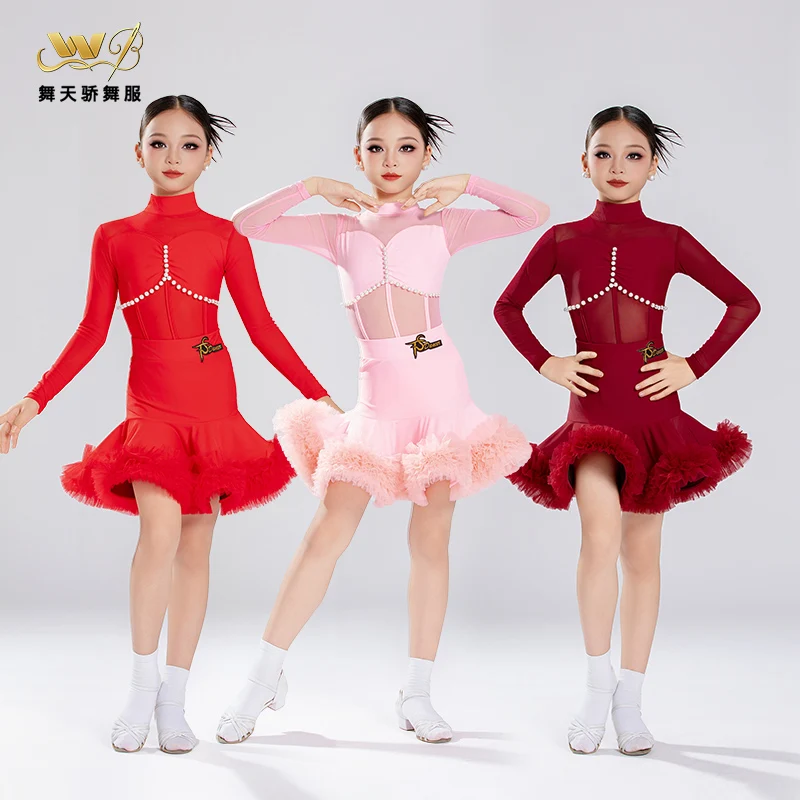 Nuevo traje de baile latino de encaje para niños y niñas, traje de actuación de práctica de alta gama, conjunto de manga larga