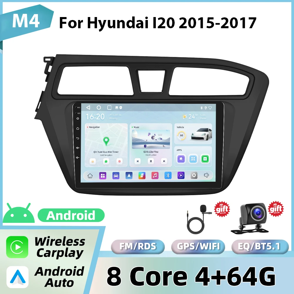 Podofo draadloze CarPlay voor Apple voor Hyundai I20 2015-2017 Android Auto autoradio GPS FM/RDS stereo WiFi BT multimediasysteem