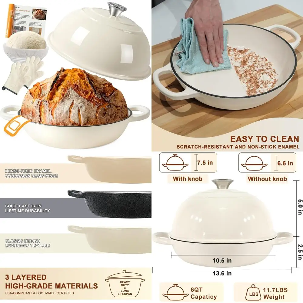

Enameled Cast Iron Dutch Oven, 6-Quart Multi-Functional Pot with Lid, Ideal for Bread Baking, Includes Proofing Basket, Silicone