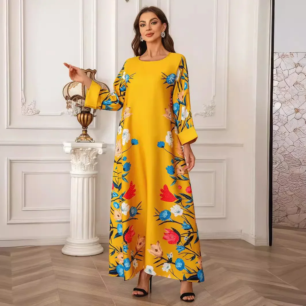 Manica lunga diamante Jalabiya abito musulmano donna o-collo stampa moda abaya per Wmen Casual Holiday Vestido Longo Feminino