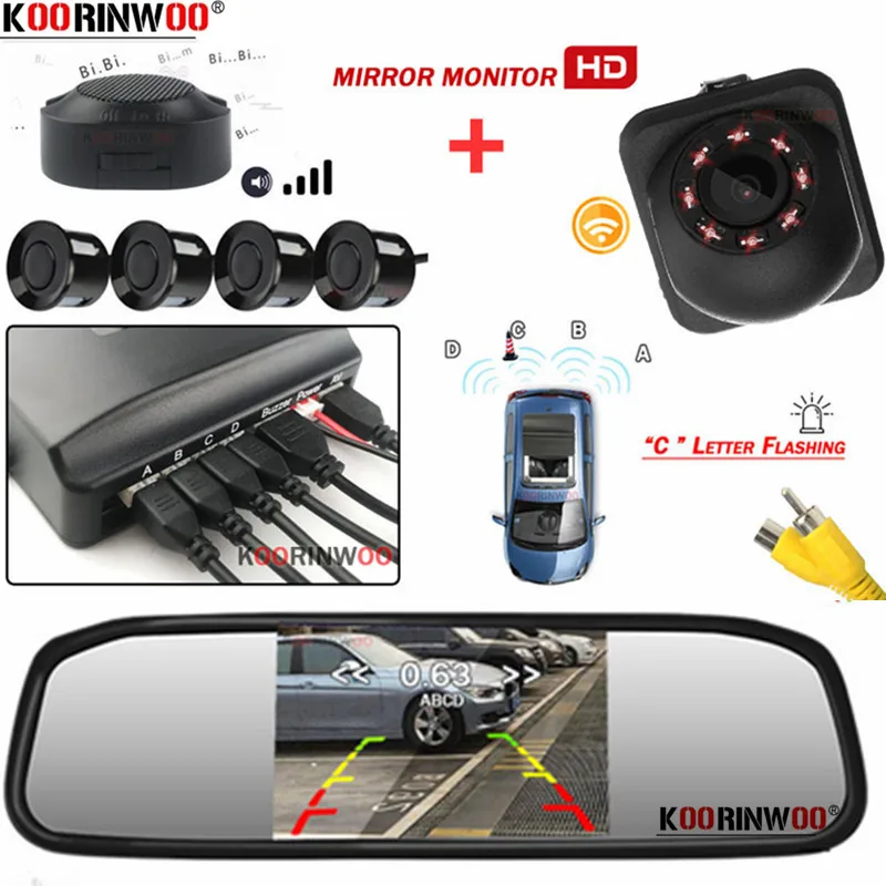 Koorinwoo LCD Screen Smart System Parktronic 4 Rear Sensors Car Parking Sensor Black/Silver 22MM Cutter Sounds System Buzzer 12V