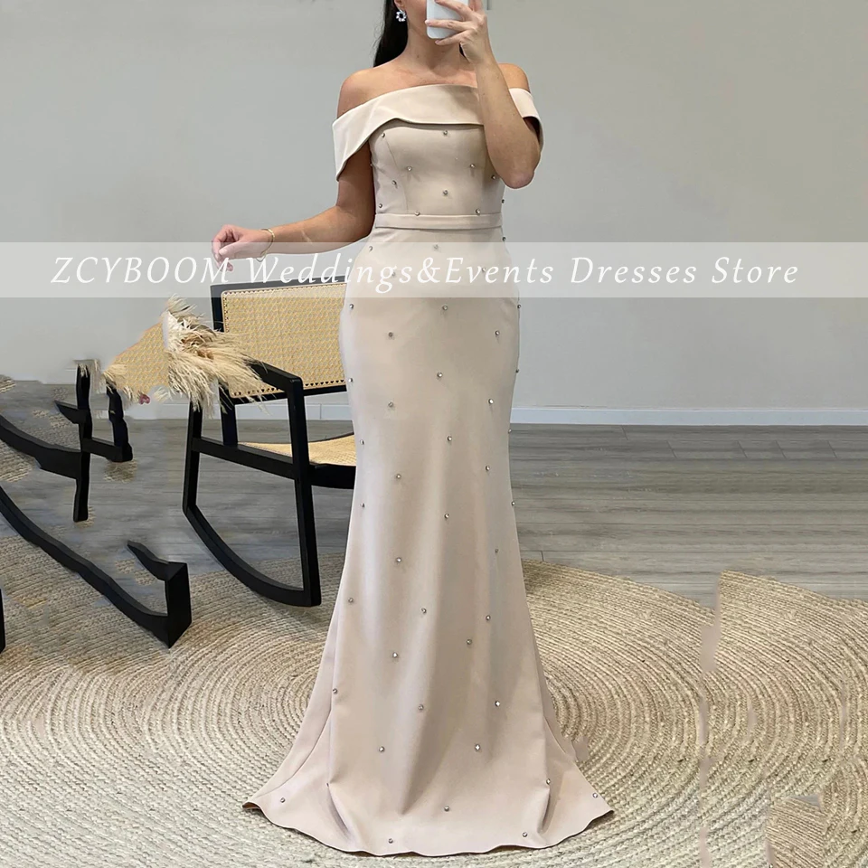Elegant Boat Neck Off The Shoulder Crystal Open Back Evening Dress 2025 Mermaid Floor Length Sweep Train Zipper Prom Dress