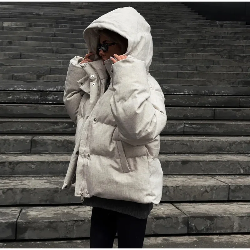 Hooded Stand Collar Fitted Puffer Coat Zip‑Up Oversized 2026 Winter Women Warm Padded Jacket Glam Causal Lady Cotton‑Padded Coat