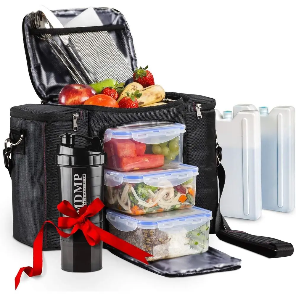 

Insulated Lunch Bag with 3 Large Food Containers, 2 Ice Packs, Shoulder Strap, and Shaker for Men & Women - Black