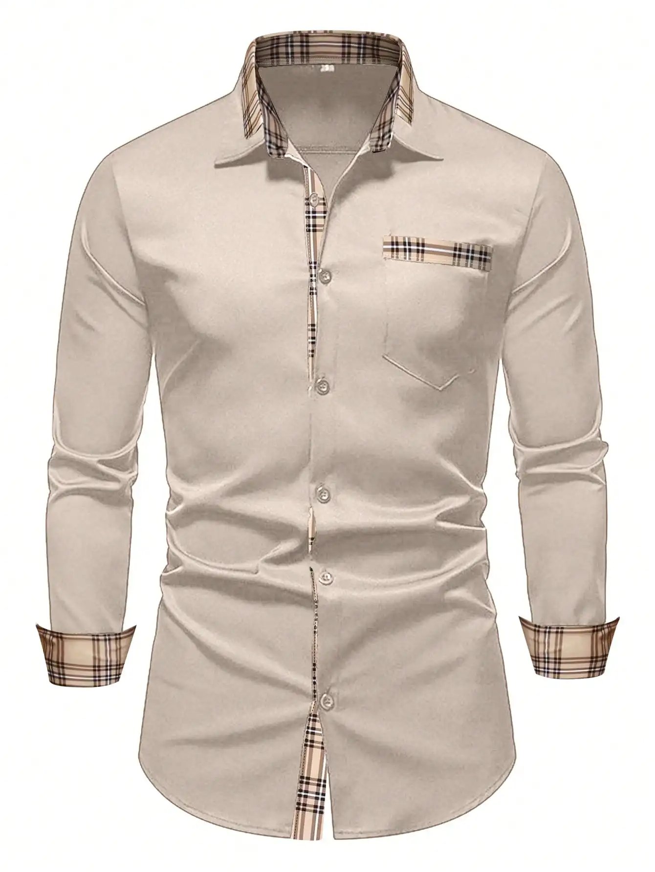 

Men's Beige Casual Button-Down Shirt with Plaid Trim Collar Cuffs Pocket