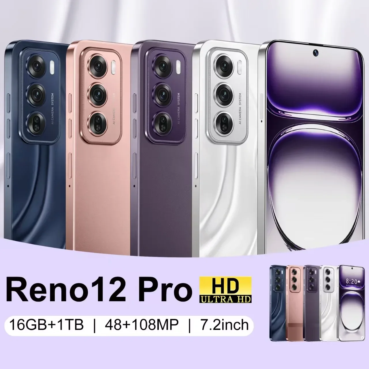 Reno12 Pro Smartphone with 7.2'' HD Screen 16GB+1TB Memory 5G Snapdragon 8 Gen2 Processor Dual SIM Cards, and 48MP+108MP Camera