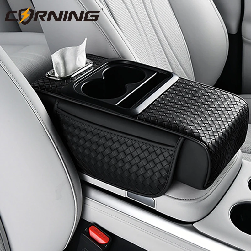 Car Armrest Pad PU Leather Car Center Console Armrest Cushion 7.5CM Thicken Height Elbow Support Pad With Cup Holder Tissue Box