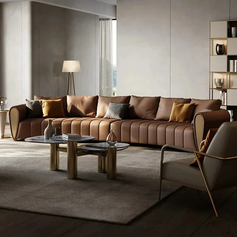 leather sofa first layer cowhide Italian minimalist high-end villa large flat floor living room four people straight row sofa