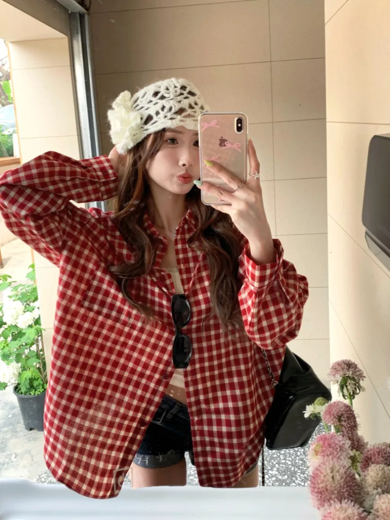 

Red Plaid Long Sleeve Casual Shirt Women's Loose Fit Spring Slimming Age-Defying Top Kumikumi Lazy Style Versatile Shirt