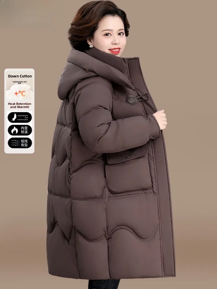 

Зимняя модная длинная пуховая куртка для женщин, хлопковое пальто для среднего и старшего возраста, большие размеры, осенне-зимний теплый кардиган на молнии