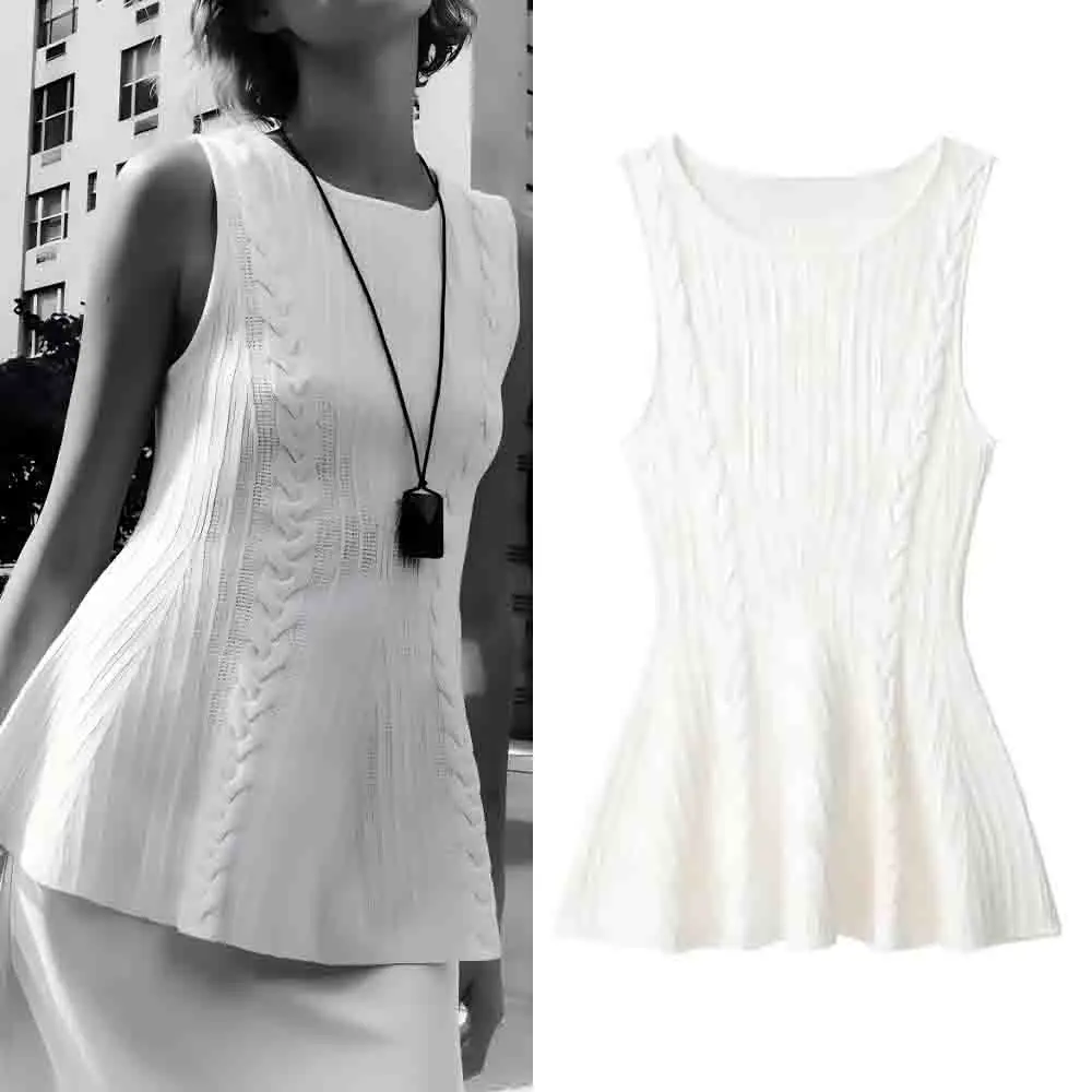 

Женская модная короткая юбка в стиле подол, повседневный вязаный топ в полоску с витым цветком, женский жилет без рукавов с круглым вырезом в стиле ретро, шикарный топ