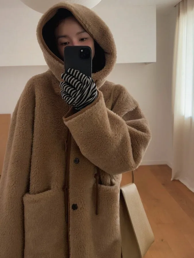 Korean Style Warmth Retro Lamb Fur Jacket Hooded Coat Drawstring Closure Integrated Leather And Fur Women's Outerwear