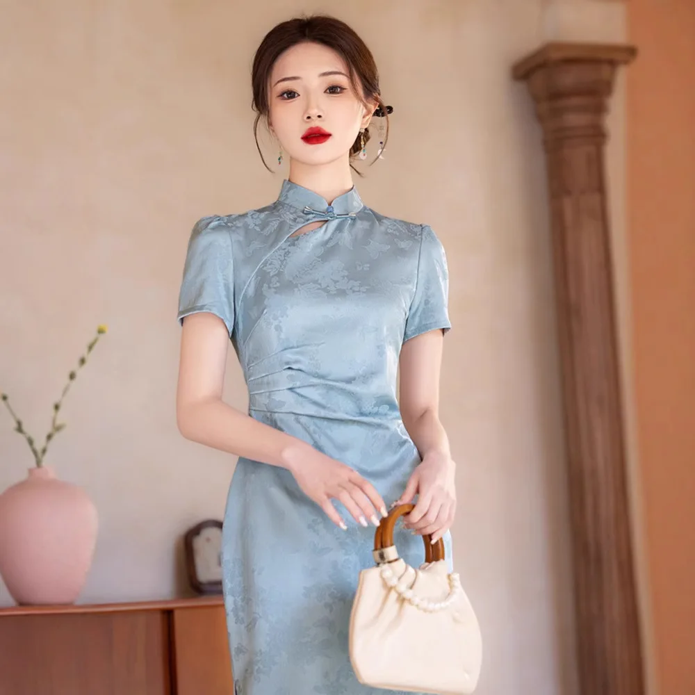 Yourqipao Summer 2025 Blue Improved Cheongsam Dark Pattern Jacquard Short-sleeved Qipao Chinese Style Evening Dress for Women