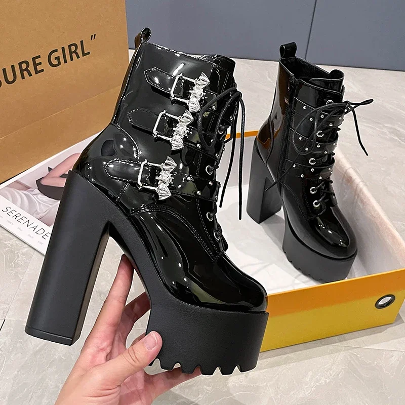 2024 Winter Fashion Sexy Platform Lace Up Belt Buckle White Black Thick Sole High Heel Short Boots Women Party Dance Shoes